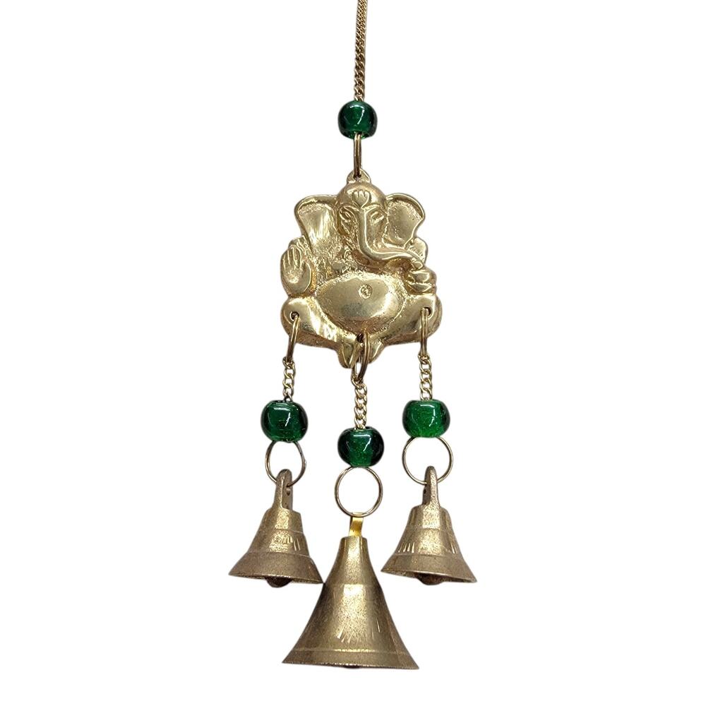 Vintage Brass Ganesha Hanging 3 Bells Wind Chime Hindu Elephant India Decor